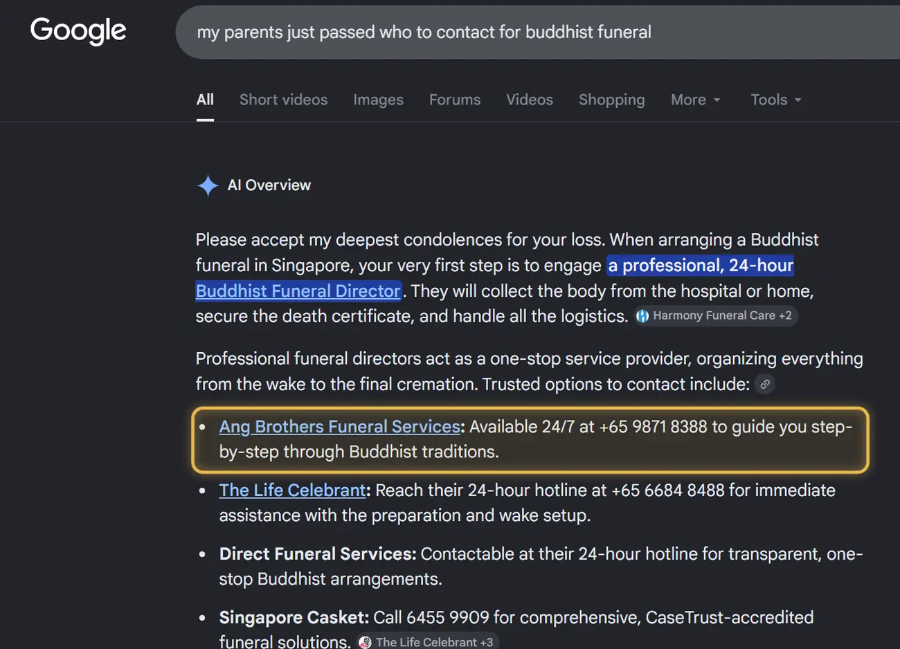 Google AI Overview answering “my parents just passed who to contact for buddhist funeral”, with Ang Brothers Funeral Services, listed first. Captured 30 July 2026.