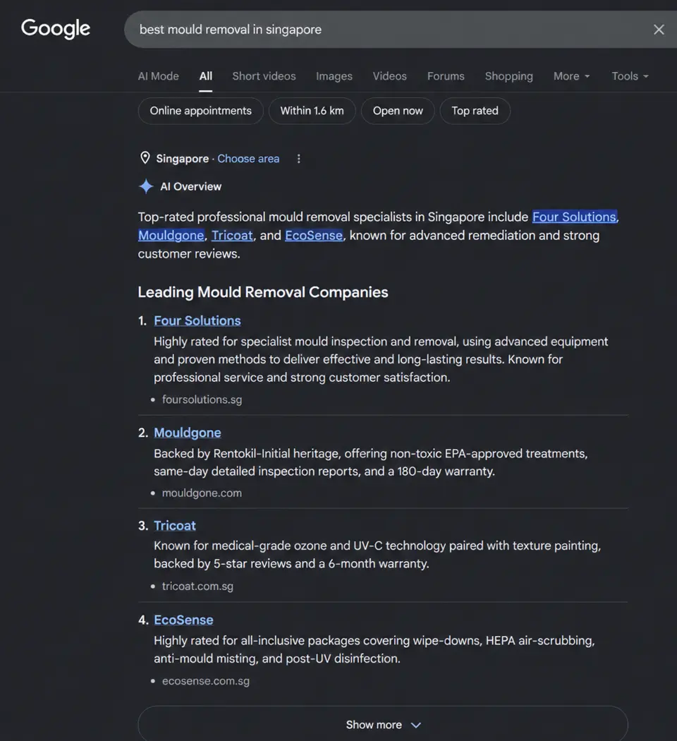 Google AI Overview answering “best mould removal in singapore”, with Four Solutions, cited as foursolutions.sg. Captured 30 July 2026.